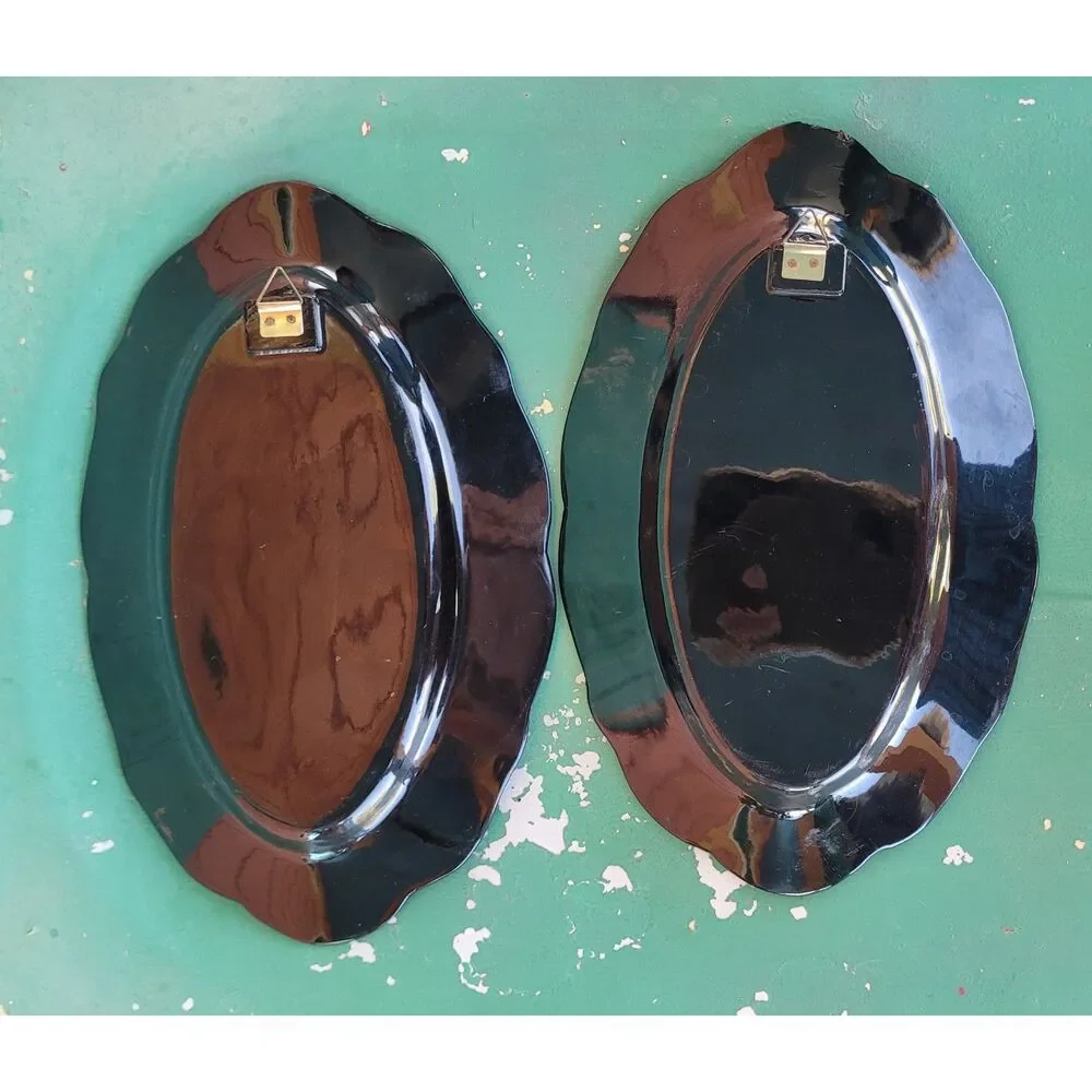 Vintage Asian Black Lacquer Tray Mother of Pearl Inlay Wall Art, Oval 11.5